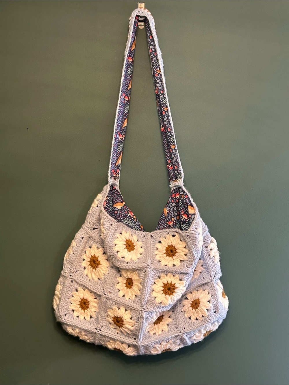 Handmade Crochet Daisy Granny Square Boho Tote Shoulder Bag Blue Lined